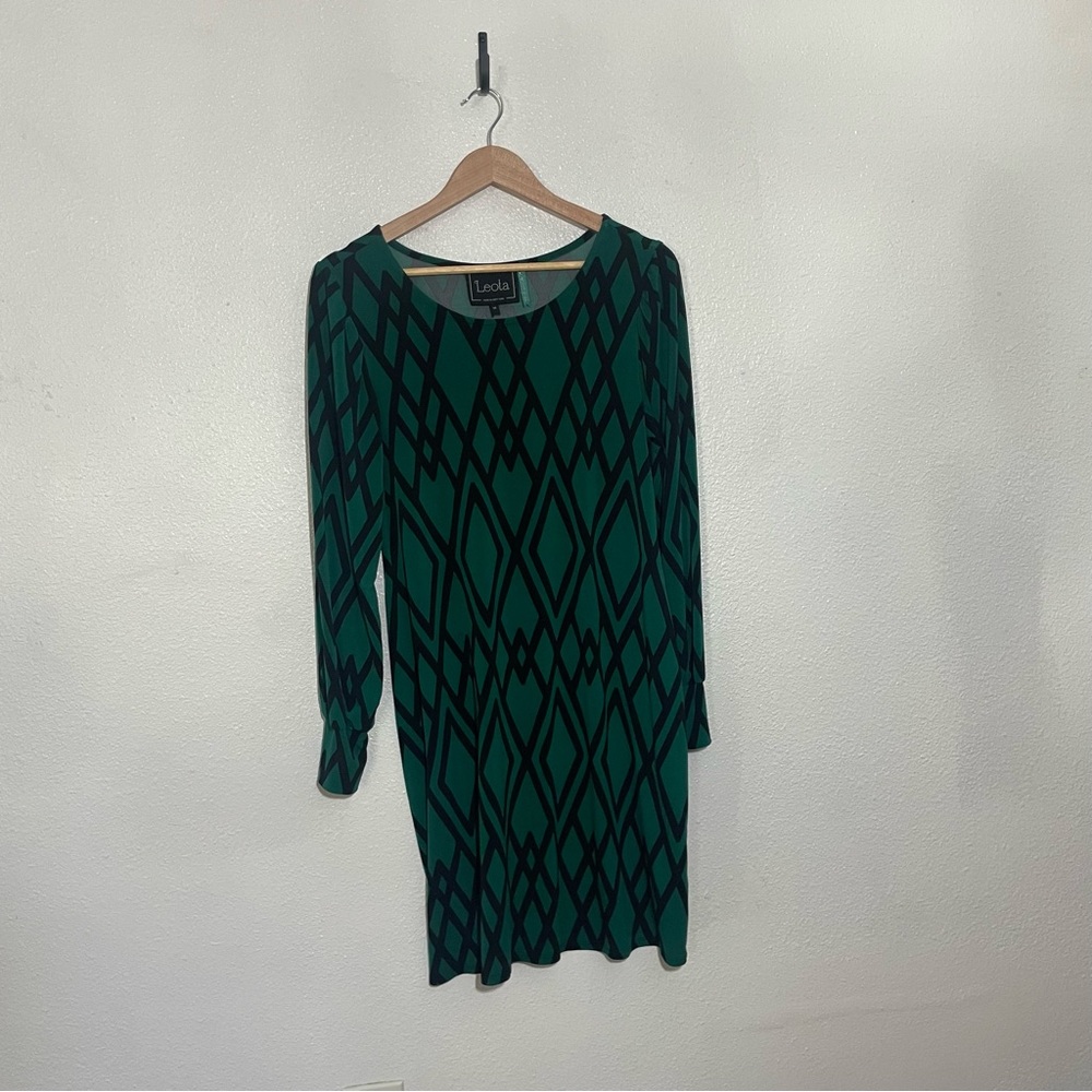 Leota Green & Black Geometric Long Sleeve Dress Travel Iron Free Workwear Medium